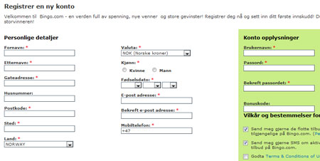 registreringskjema p&aring; bingo.com