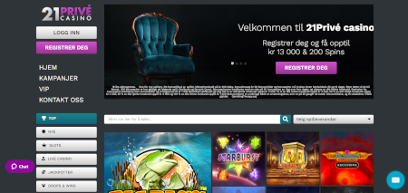 Skjermbilde av 21Prive Casino fra NCGs gjennomgang