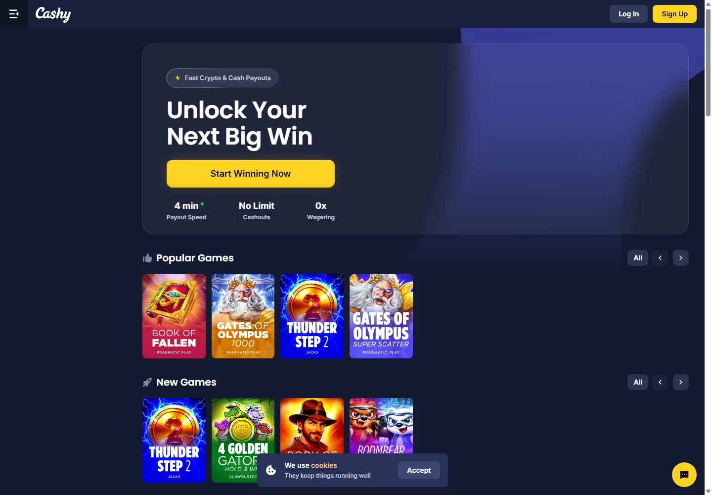 Cashy Casino slik nettstedet så ut ved kontroll