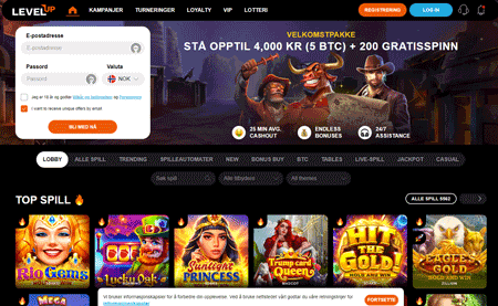 Skjermbilde av LevelUp Casino fra NCGs gjennomgang