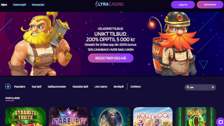 Skjermbilde av Lyra Casino fra NCGs gjennomgang
